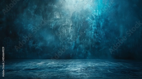 Blue dark concrete walls and floors against an abstract background, the interior of the room with spotlights