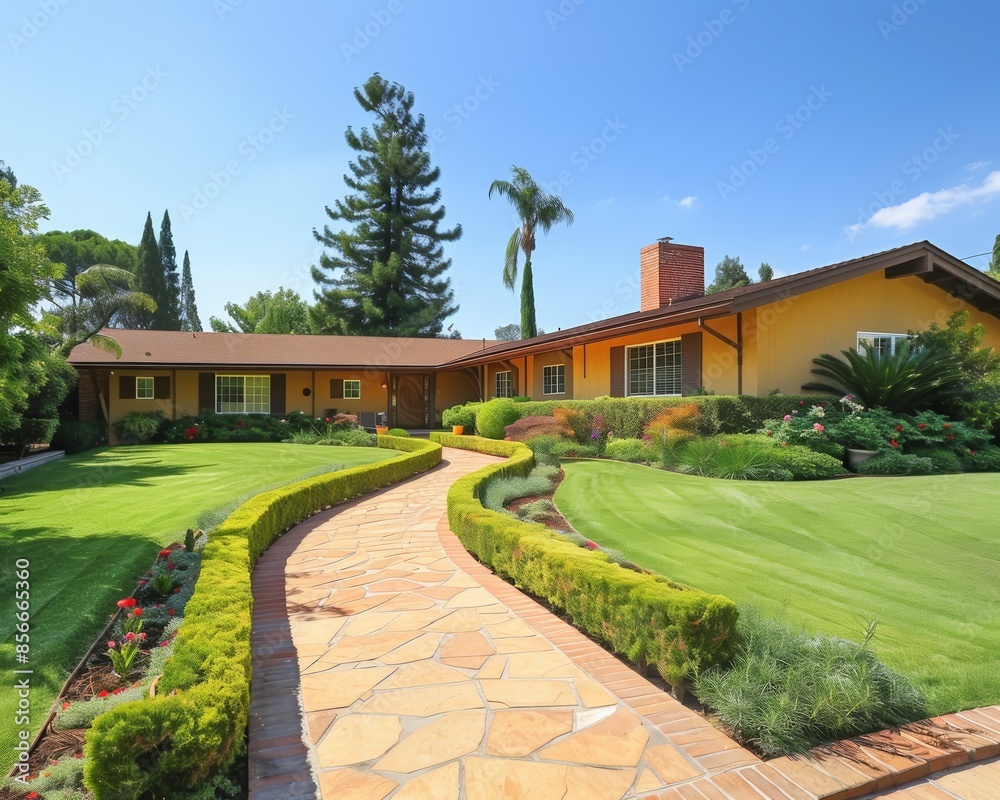 The photo shows a beautiful house with a big green lawn, stone slab path and lots of trees and plants. The photo shows a beautiful house with a big green lawn, stone slab path and lots of trees and plants.