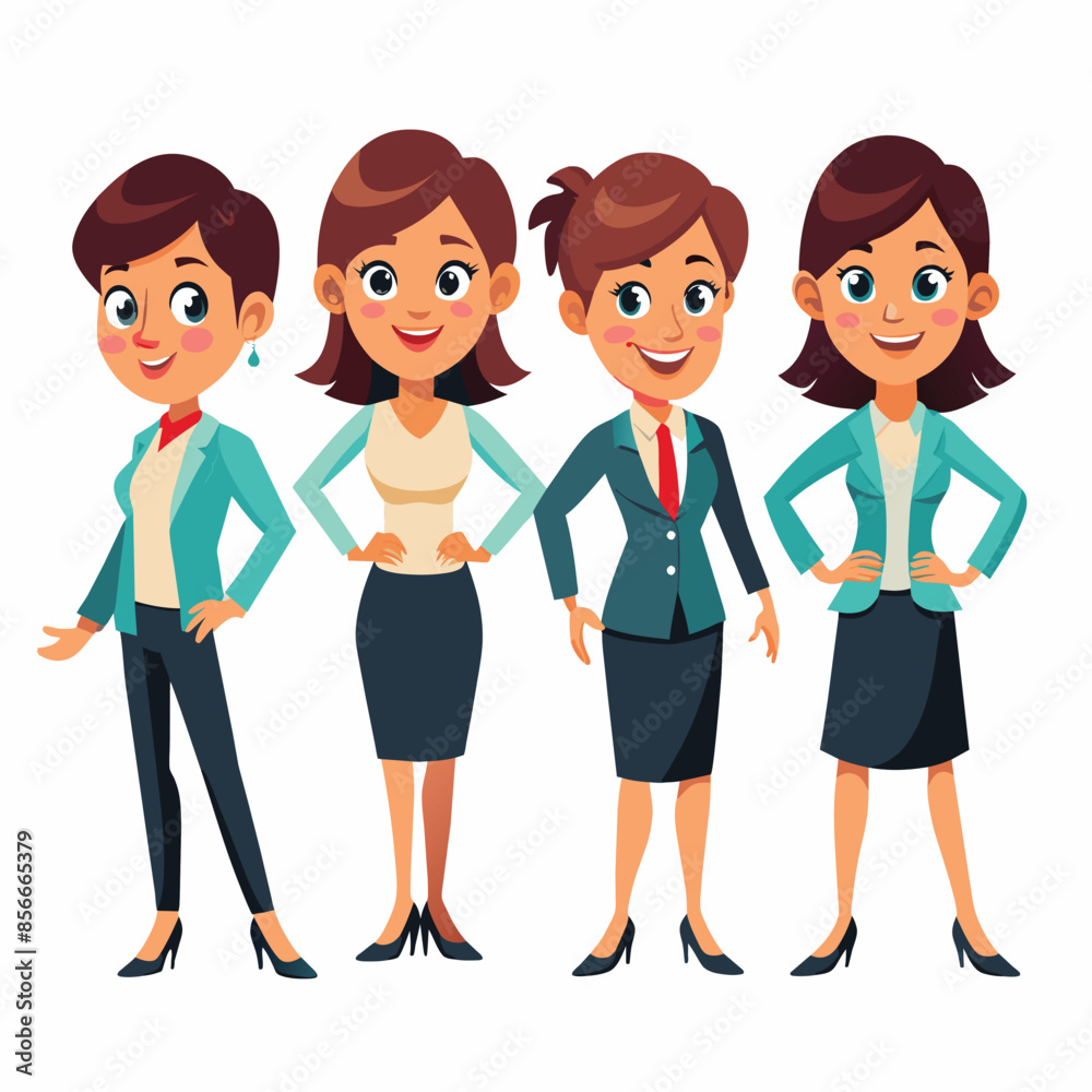 An illustration featuring four cartoon businesswomen, each with a unique style, standing in a row, showcasing their confidence and individuality An illustration featuring four cartoon businesswomen, each with a unique style, standing in a row, showcasing their confidence and individuality