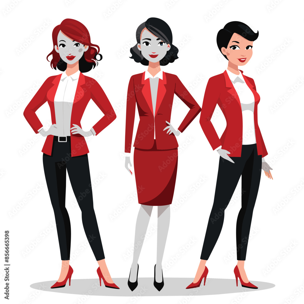 Three cartoon businesswomen in red blazers and white shirts stand together against a white background Three cartoon businesswomen in red blazers and white shirts stand together against a white background