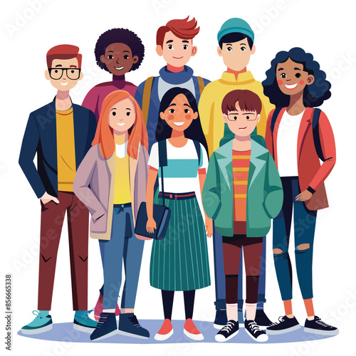 A group of diverse young modern students are standing together in a casual setting