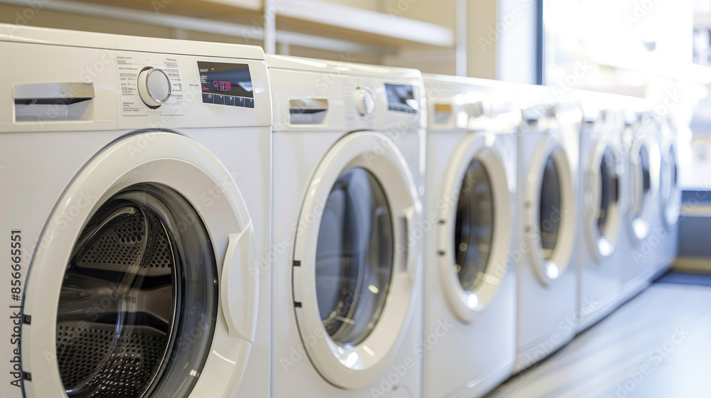 White Front Loading Washing Machines and Dryers in Lined-Up Formation White Front Loading Washing Machines and Dryers in Lined-Up Formation