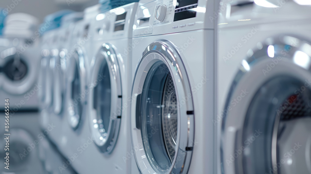 White Front Loading Washing Machines and Dryers in Lined-Up Formation White Front Loading Washing Machines and Dryers in Lined-Up Formation