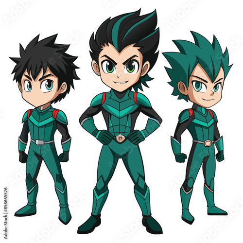 Three anime male characters in full body, wearing green suits with red accents, stand in different poses against a white background.