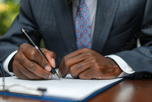 Close-up of a businessman's hands signing a document with a pen, wearing a navy suit and polka dot tie, indicating professionalism and formality