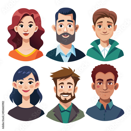 Six cartoon portraits of smiling people, including both men and women, with different hairstyles and clothing