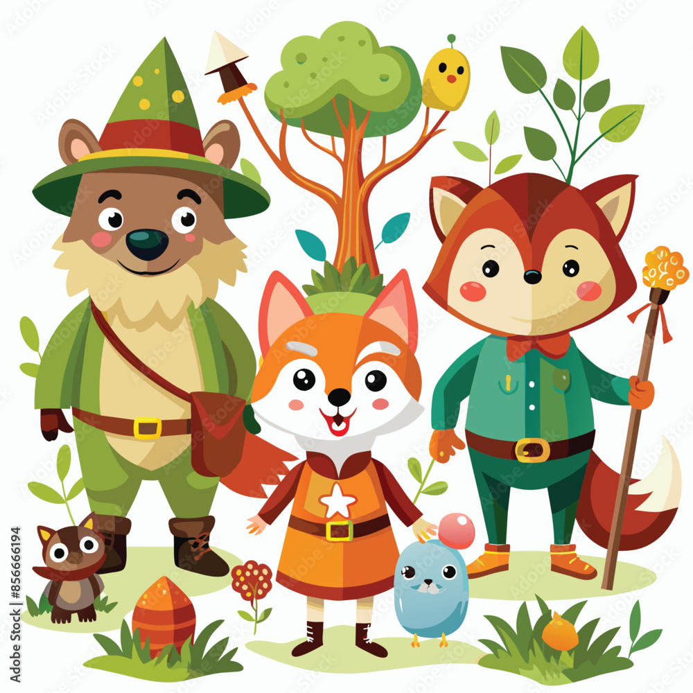 Naklejka premium An illustration depicting a group of woodland animals dressed in whimsical outfits standing in a clearing