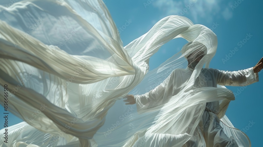 Naklejka premium The veil of a Sufi dancer swirls around him in a whirl of white fabric symbolizing the search for spiritual enlightenment.