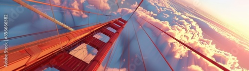 A breathtaking aerial view of a bridge bathed in sunset hues, reaching through the clouds with vibrant colors reflecting off its structure. photo