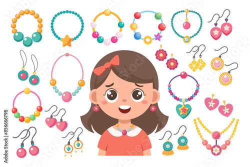 Kids jewelry set. Colorful handmade bracelets, earrings and necklaces with plastic beads, stars, hearts, flowers. Illustration in flat style.