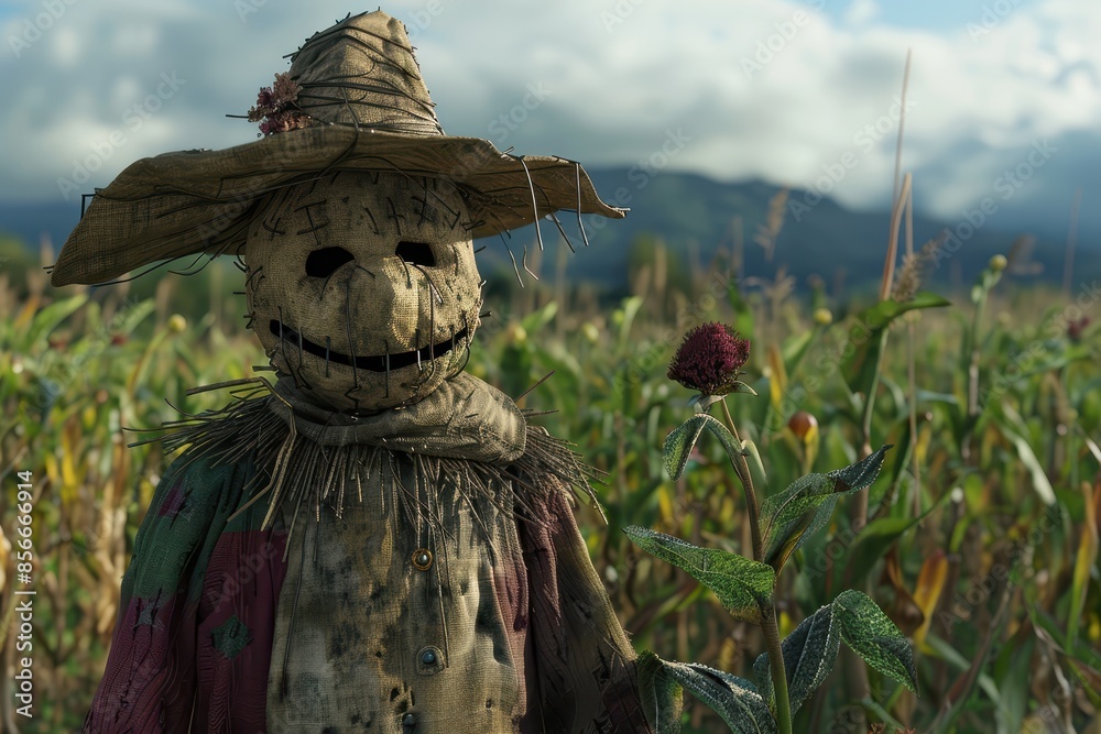 Fototapeta premium A creepy scarecrow stands in a cornfield, dressed in tattered clothes and a straw hat, with a spooky face, under a cloudy sky.