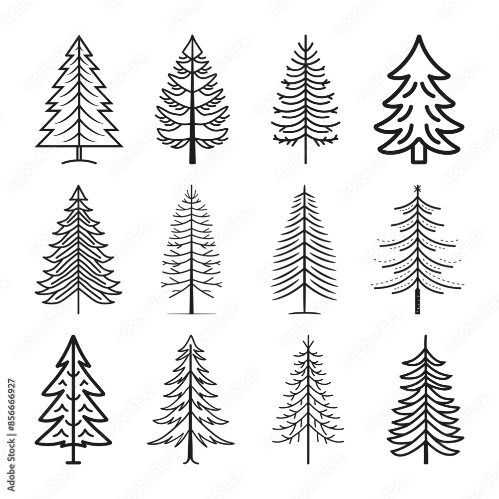 Fototapeta premium A bundle of line art pine tree vector icon style