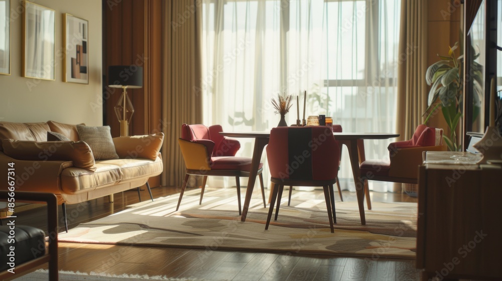 A modern living room with dining table A modern living room with dining table