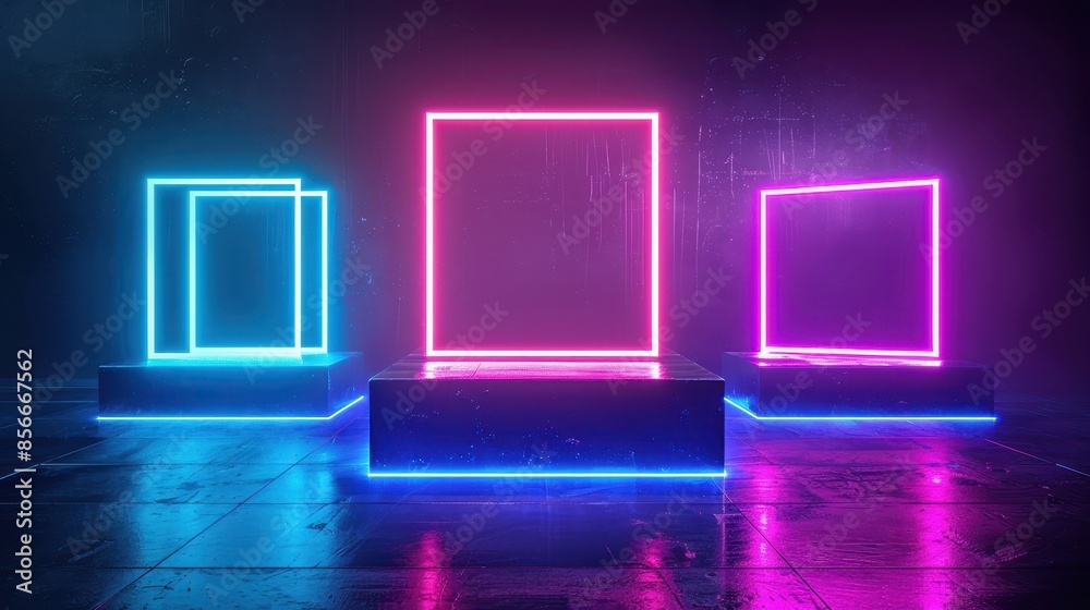 Futuristic neon-lit squares on pedestals in a dark, misty room. Blue and pink light reflections create a striking contemporary visual. Futuristic neon-lit squares on pedestals in a dark, misty room. Blue and pink light reflections create a striking contemporary visual.
