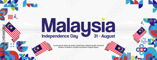 Malaysia Independence Day banner in modern geometric style. Wide banner with typography and also country flag. Background for National holiday celebration party. Happy Merdeka Day of Malaysia