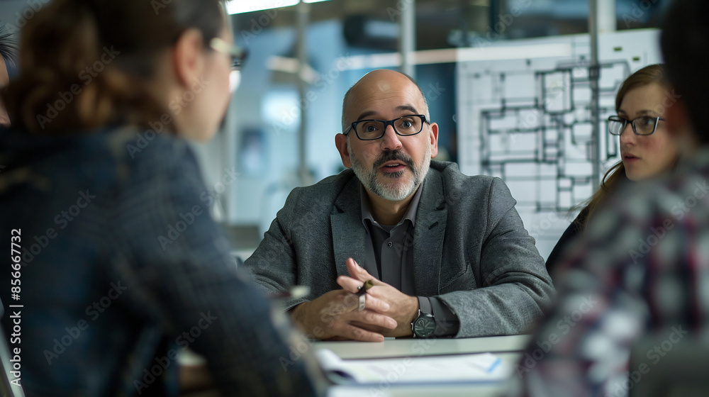 Business man with glasses discussing with colleagues in an office, architectural blueprints in the background, engaging in a professional meeting Business man with glasses discussing with colleagues in an office, architectural blueprints in the background, engaging in a professional meeting