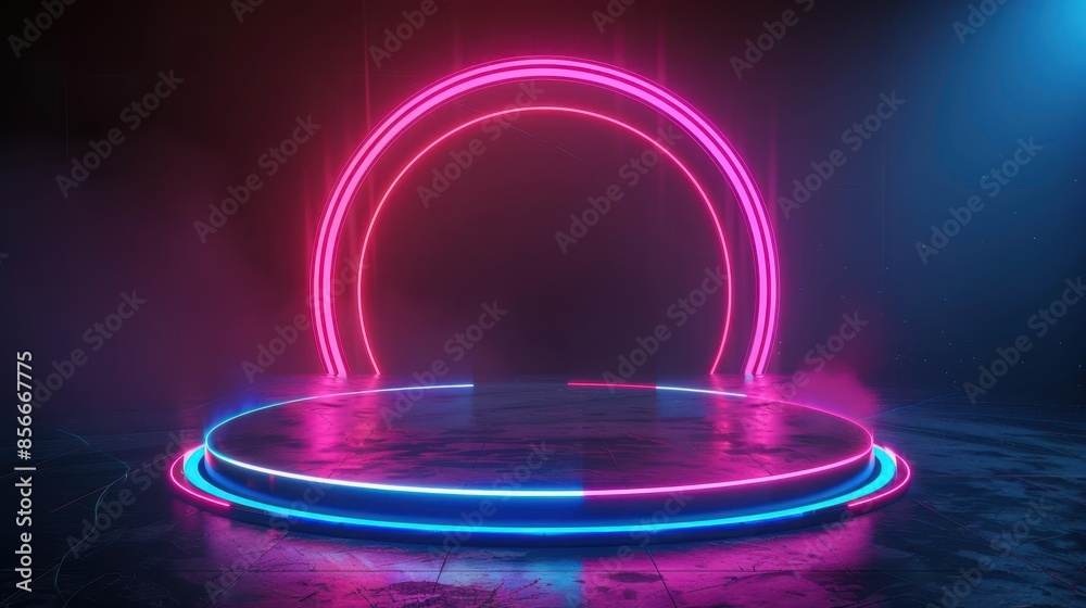 Futuristic neon podium with vibrant pink and blue lights, creating a modern and dynamic backdrop ideal for technology or entertainment concepts. Futuristic neon podium with vibrant pink and blue lights, creating a modern and dynamic backdrop ideal for technology or entertainment concepts.