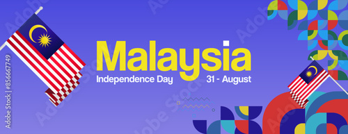 Malaysia Independence Day banner in modern geometric style. Wide banner with typography and also country flag. Background for National holiday celebration party. Happy Merdeka Day of Malaysia