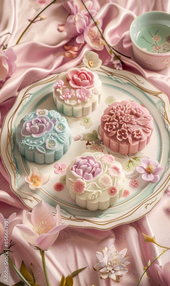 Exquisite mooncakes adorned with intricate floral designs in soft pastel colors, creating a delightful and artistic culinary composition Exquisite mooncakes adorned with intricate floral designs in soft pastel colors, creating a delightful and artistic culinary composition