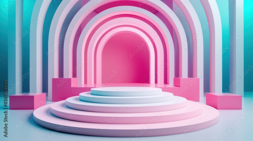 A vibrant 3D-rendered podium with pink and white arches, ideal for showcasing products in modern, colorful, and abstract settings. A vibrant 3D-rendered podium with pink and white arches, ideal for showcasing products in modern, colorful, and abstract settings.