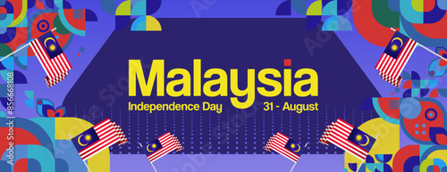 Malaysia Independence Day banner in modern geometric style. Wide banner with typography and also country flag. Background for National holiday celebration party. Happy Merdeka Day of Malaysia