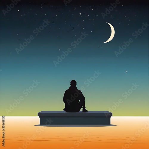 Silhouette of Man Contemplating the Night Sky: A solitary figure sits on a bench under a starlit sky, the silhouette of the man against the vibrant hues of the night sky