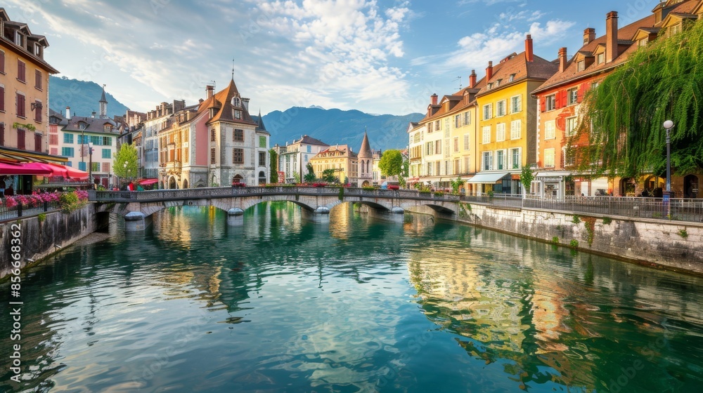 Obraz premium Annecy old town cityscape and Thiou river view and bridge