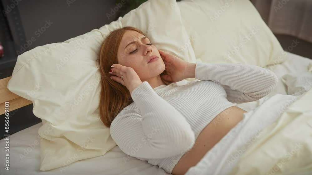 A young redhead woman in a white shirt covering her ears while lying on a bed indoors, looking disturbed by noise. A young redhead woman in a white shirt covering her ears while lying on a bed indoors, looking disturbed by noise.