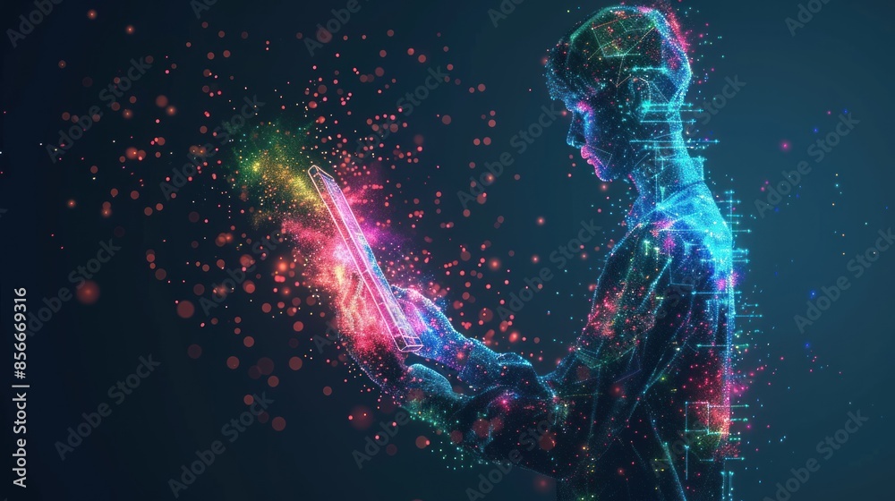 Digital Person with Tablet in Colorful Lights