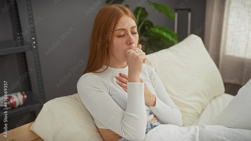 A contemplative young woman sitting on a bed indoors, her gaze suggesting introspection or concern. A contemplative young woman sitting on a bed indoors, her gaze suggesting introspection or concern.