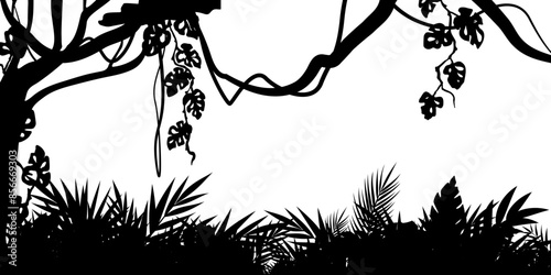 Jungle landscape. Vector background with silhouette of rainforest. Horizontal black panoramic border with lianas, palms, trees and bushes.