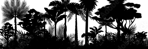 Jungle landscape. Vector background with silhouette of rainforest. Horizontal black panoramic border with palms, trees and bushes.