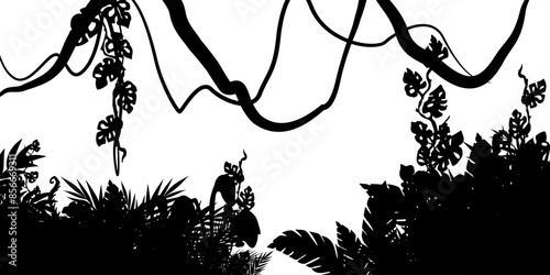 Jungle landscape. Vector background with silhouette of rainforest. Horizontal black panoramic border with lianas, palms, trees and bushes.