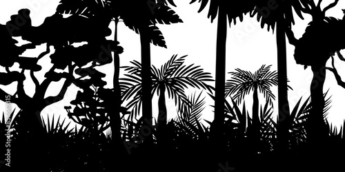 Jungle landscape. Vector background with silhouette of rainforest. Horizontal black panoramic border with palms, trees and bushes.