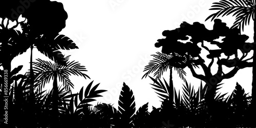 Jungle landscape. Vector background with silhouette of rainforest. Horizontal black panoramic border with palms, trees and bushes.