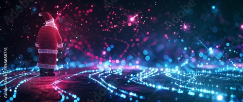 A digital Santa Claus illuminated with pink and blue neon lights, standing in a futuristic environment. The festive scene is filled with glowing bokeh effects, creating a magical Christmas atmosphere