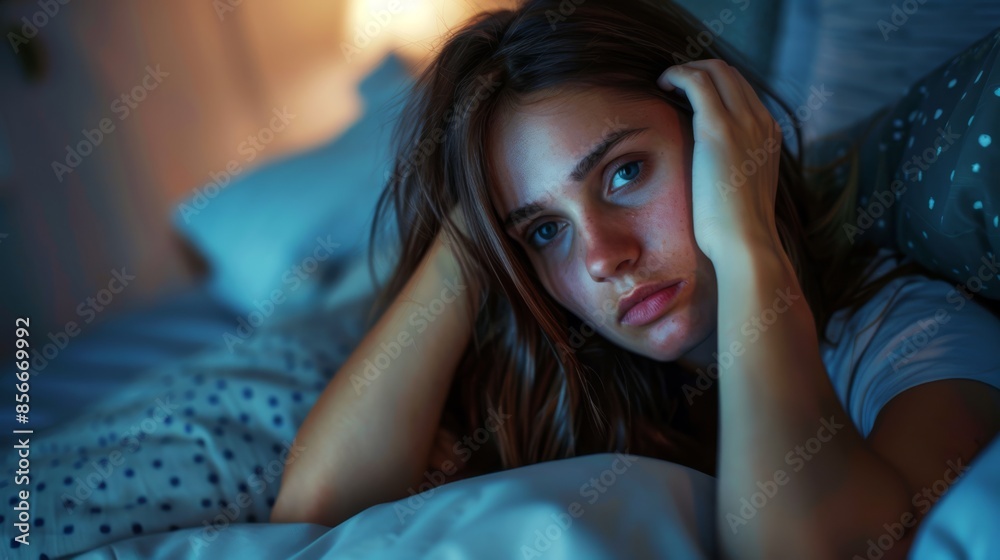 Fototapeta premium Young woman with long hair lying in bed, experiencing insomnia. She looks tired and troubled, with her hands on her head, under dim bedroom lighting