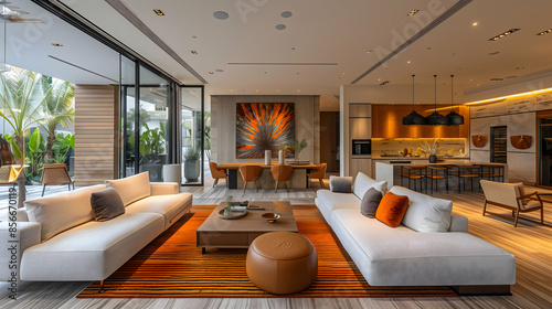 A luxurious open-concept living and dining area with modern furnishings, large windows, and sophisticated decor, exuding elegance and comfort.