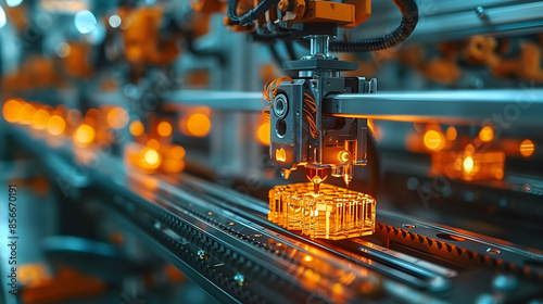 A detailed close-up of a high-tech 3D printing machine in action, with glowing orange lights highlighting the precision and sophistication of the manufacturing process.