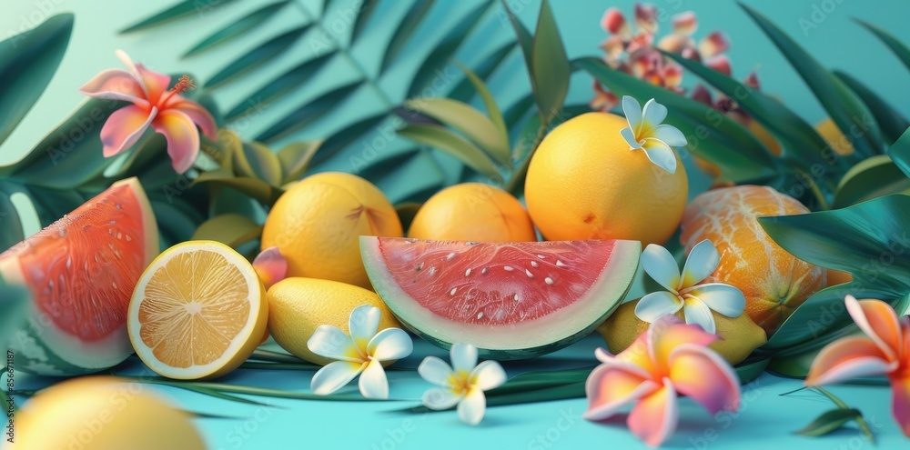 A platter of exotic fruits on a vibrant tropical background with palm leaves