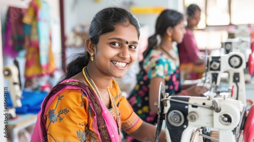 Young woman smiling while working on sewing machine in garment factory