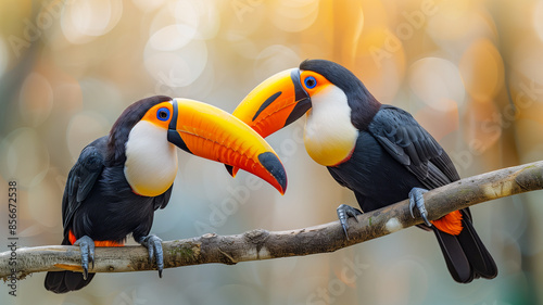 Two colorful toucans showcase their vivid beaks. The birds’ striking features stand out against a soft, blurred background, highlighting nature’s artistry photo