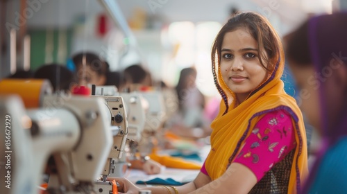 A young woman works at a sewing machine in a bustling Indian garment factory
