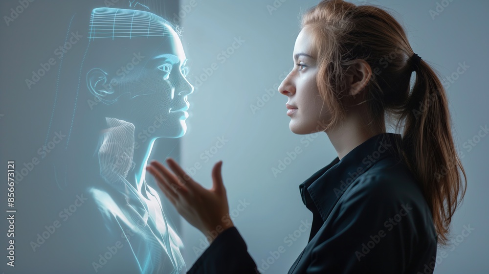 a woman talking to a human hologram a woman talking to a human hologram