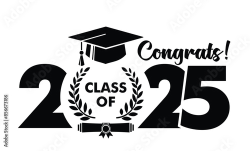 Graduate class template logo with diploma, laurel wreath and graduation cap. Vector on transparent background