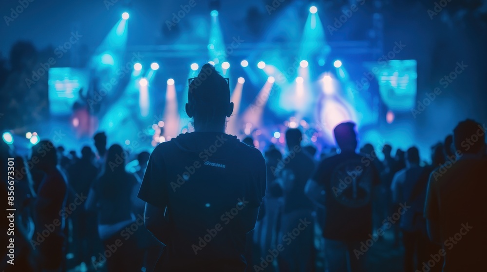 A person stands in the crowd at a concert, lit by the blue stage lights A person stands in the crowd at a concert, lit by the blue stage lights