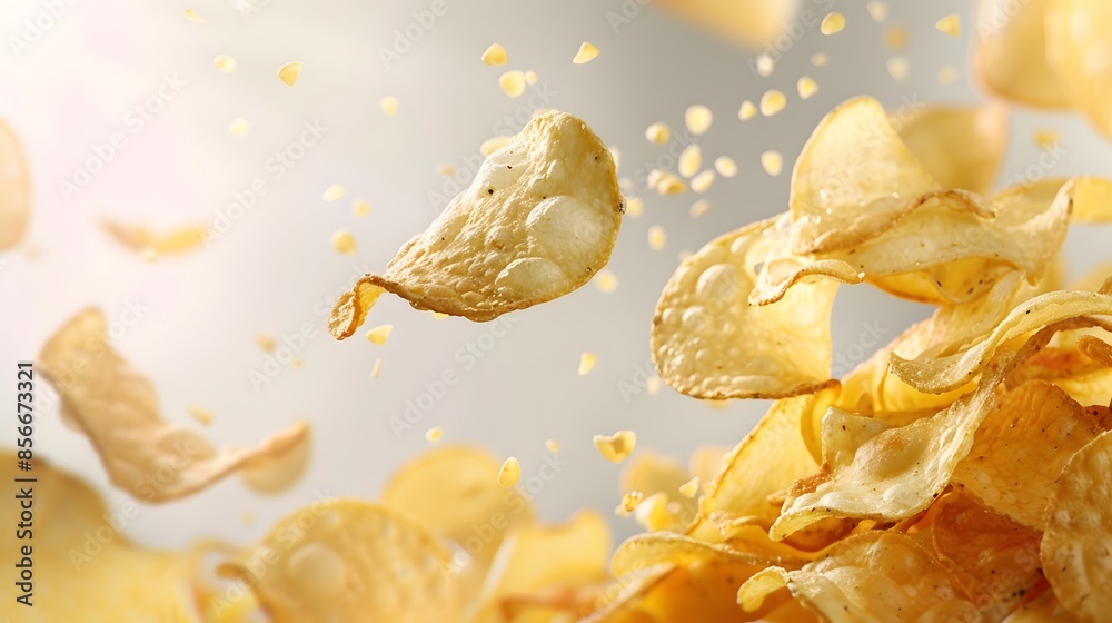 Potato chips rise into the air isolated on a white background Potato chips rise into the air isolated on a white background