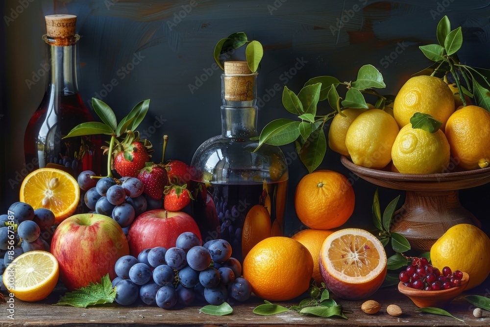 Still life with fruit and wine. Painting of assorted fruit and a carafe of wine on a table Still life with fruit and wine. Painting of assorted fruit and a carafe of wine on a table