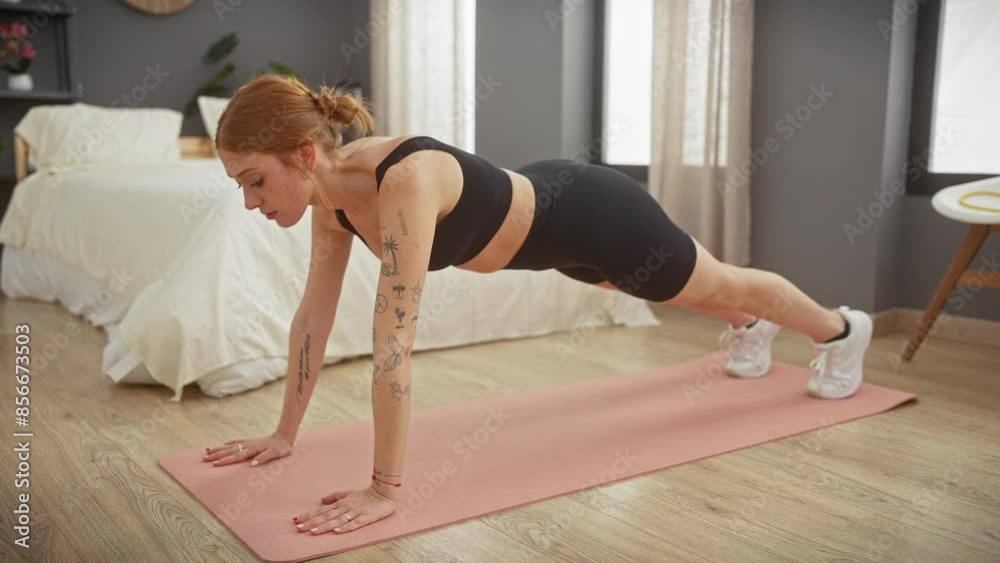 A fit young woman in activewear does a plank on a yoga mat in a modern bedroom with wooden floor and neutral tones. A fit young woman in activewear does a plank on a yoga mat in a modern bedroom with wooden floor and neutral tones.