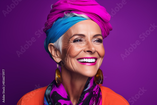 Matured middle aged stylish modern woman wearing bright color cloths in copy space purple background, Senior happy woman wearing luxury jewelries while neck and head covered with colorful scarf, photo